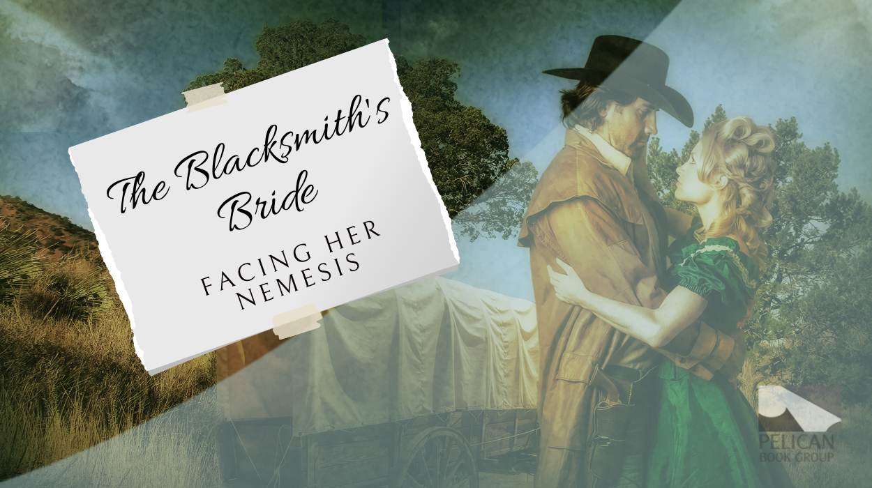 american west couple standing next to a covered wagon -- the blacksmith's bride